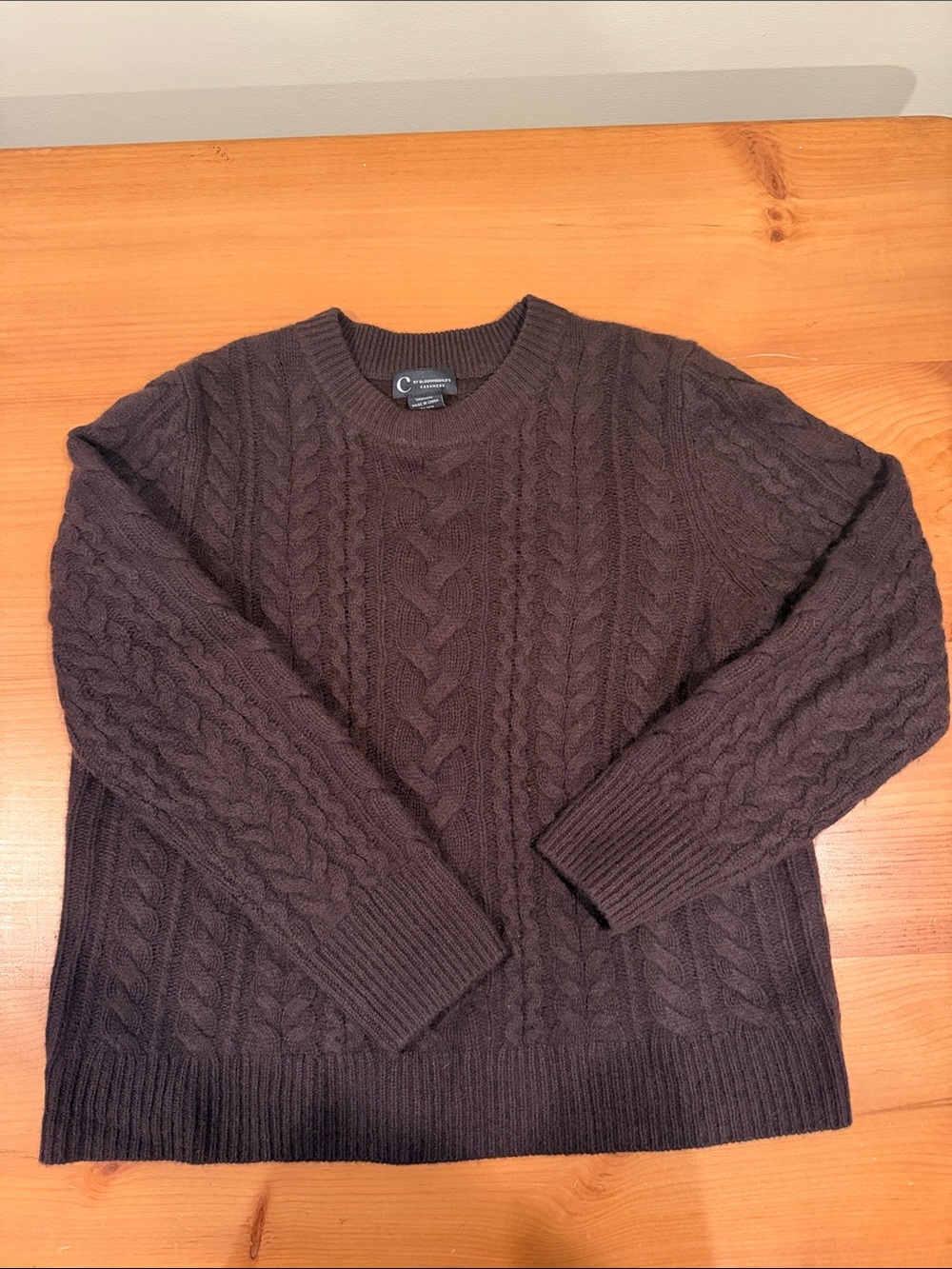 C by Bloomingdales Women's Chocolate Brown 2 ply Cashmere Cable Knit Sweater